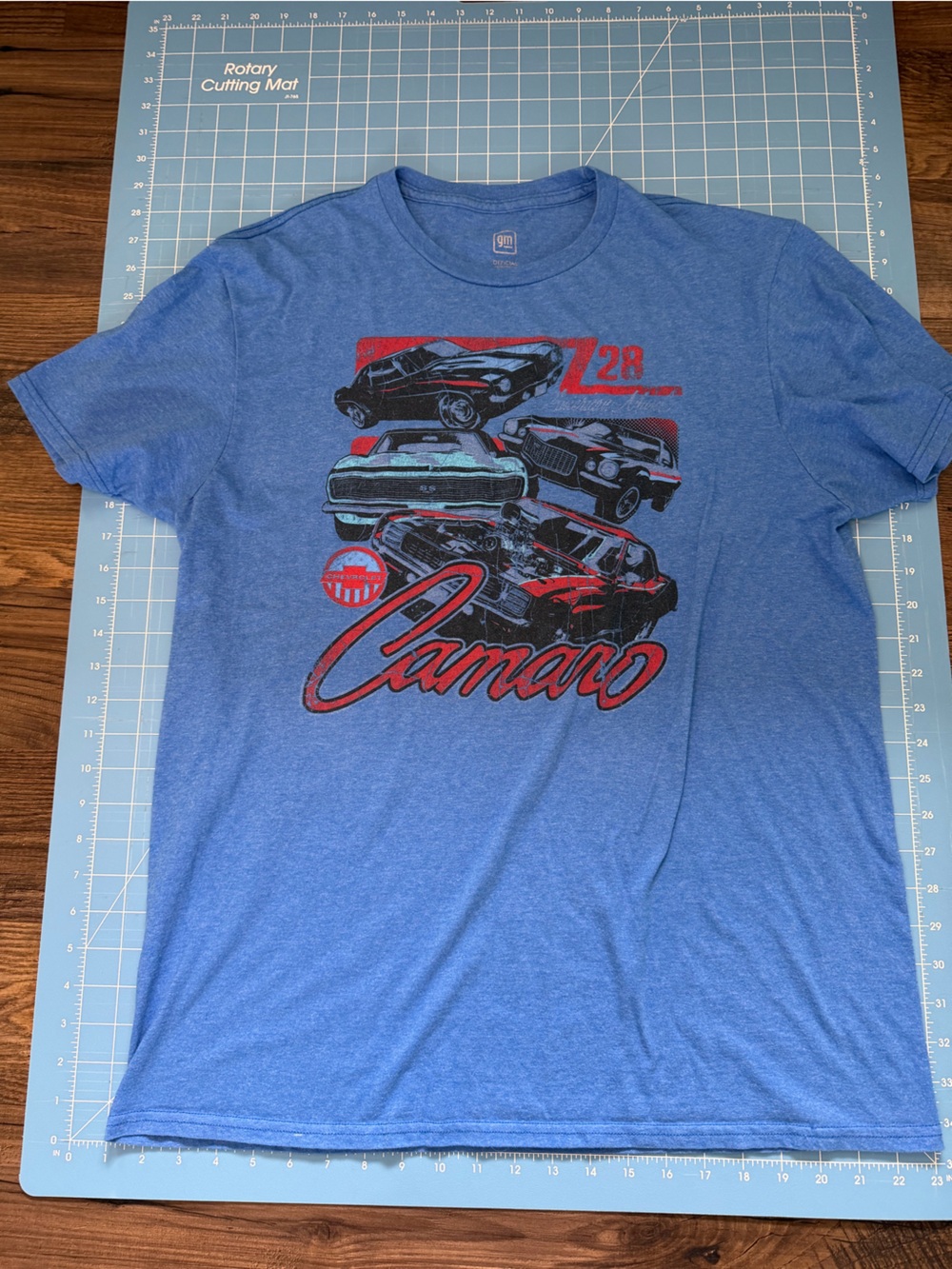 Blue Short Sleeve Tee with Automotive Stack Graphic